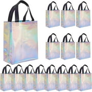 15Pcs Iridescent Glossy Gift Bags Non-woven Reusable Party Goodie Bags Small Gift Bag Bulk with Handles Sturdy Base for Birthday Christmas Weddings Holiday Easter Party Favors 7.7x4x9.8Inch