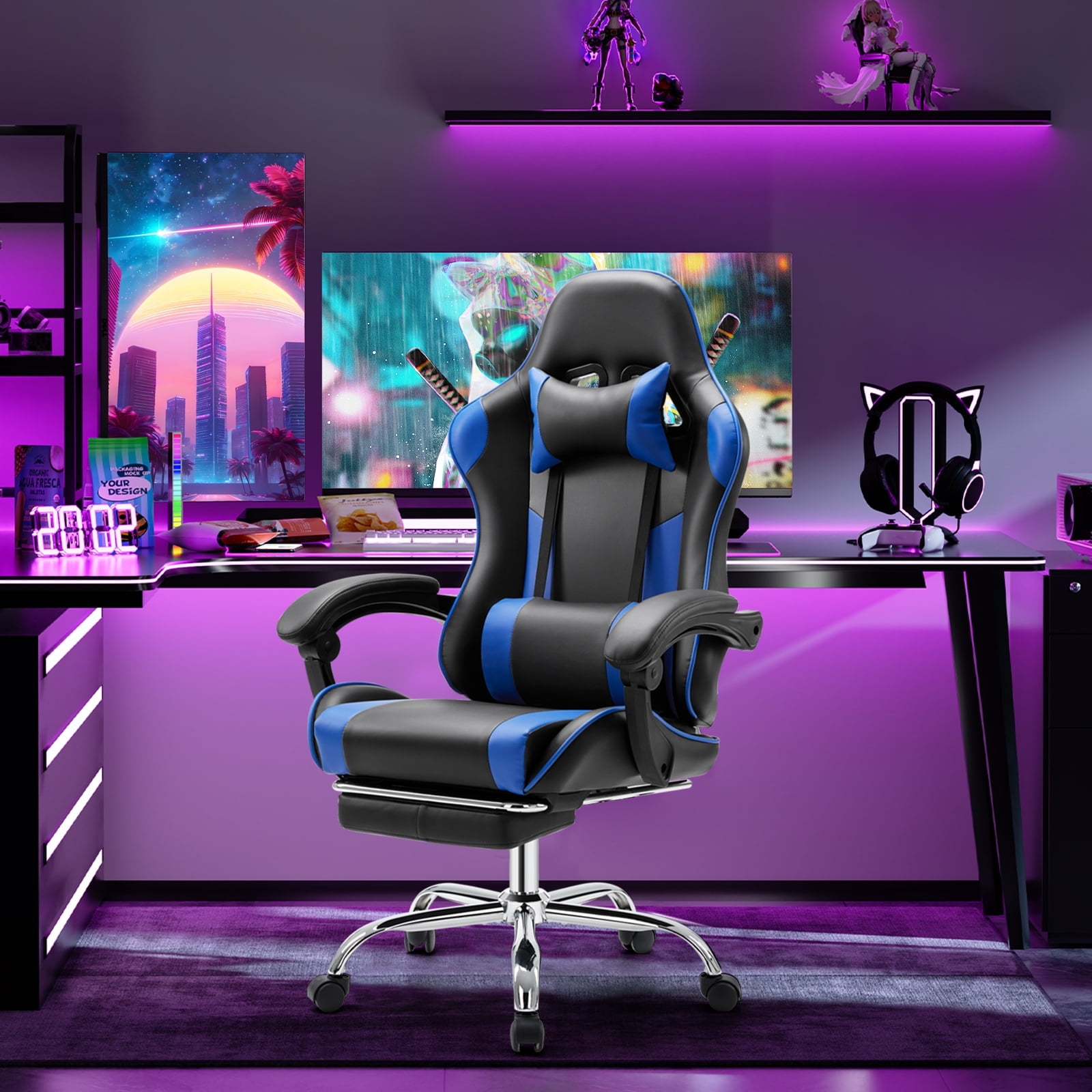Gianna Ergonomic Gaming Chair With Headrest And Lumbar Pillow,Height Adjustable With 360°-Swivel Seat,Blue