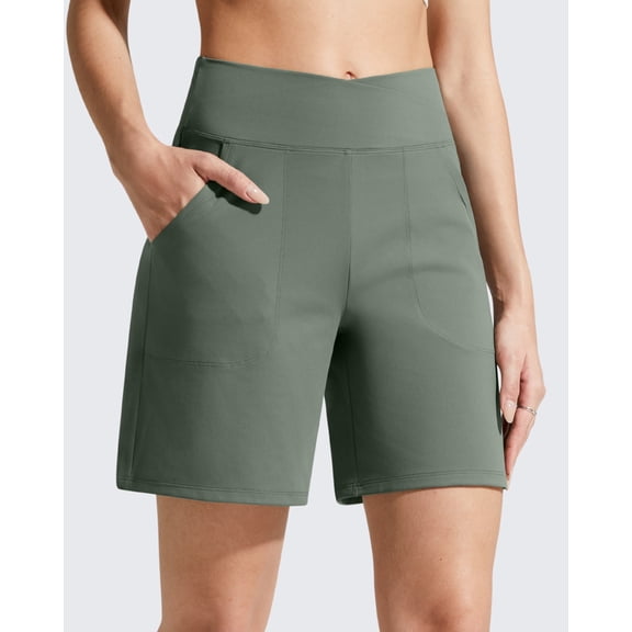 G4Free EverGoing Athletic Shorts for Women 6" Cross Waist Summer Casual Shorts with Pockets
