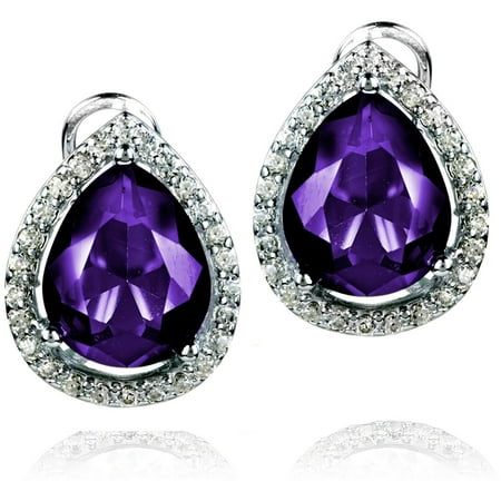 ELYA Sterling Silver Amethyst Purple Pear-Cut CZ Halo Earrings