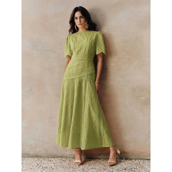 Elegant Green Eyelet Lace Short Sleeve A-Line Maxi Dress