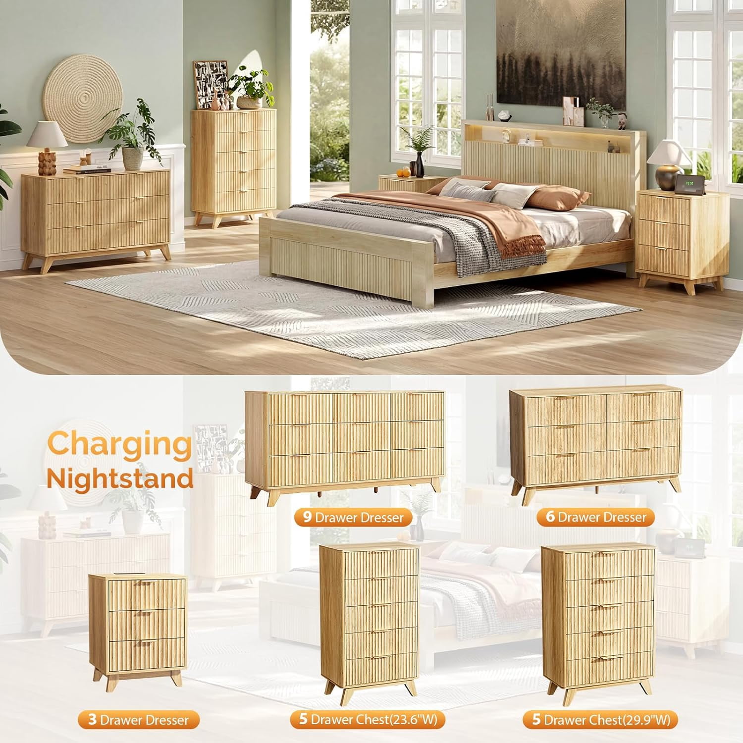 Ktaxon Fluted Tall 5 Drawer Dresser Solid Wood Chest of Drawers with Soft Close Slides Storage Cabinet for Bedroom Living Room Entryway Oak