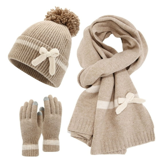 Bibifish Womens Hat Gloves Scarf Sets 3 Pc Bow Decorated Hat Scarf Gloves Three Piece Sweet Trendy Cold Warm Hat Sets For Ladies
