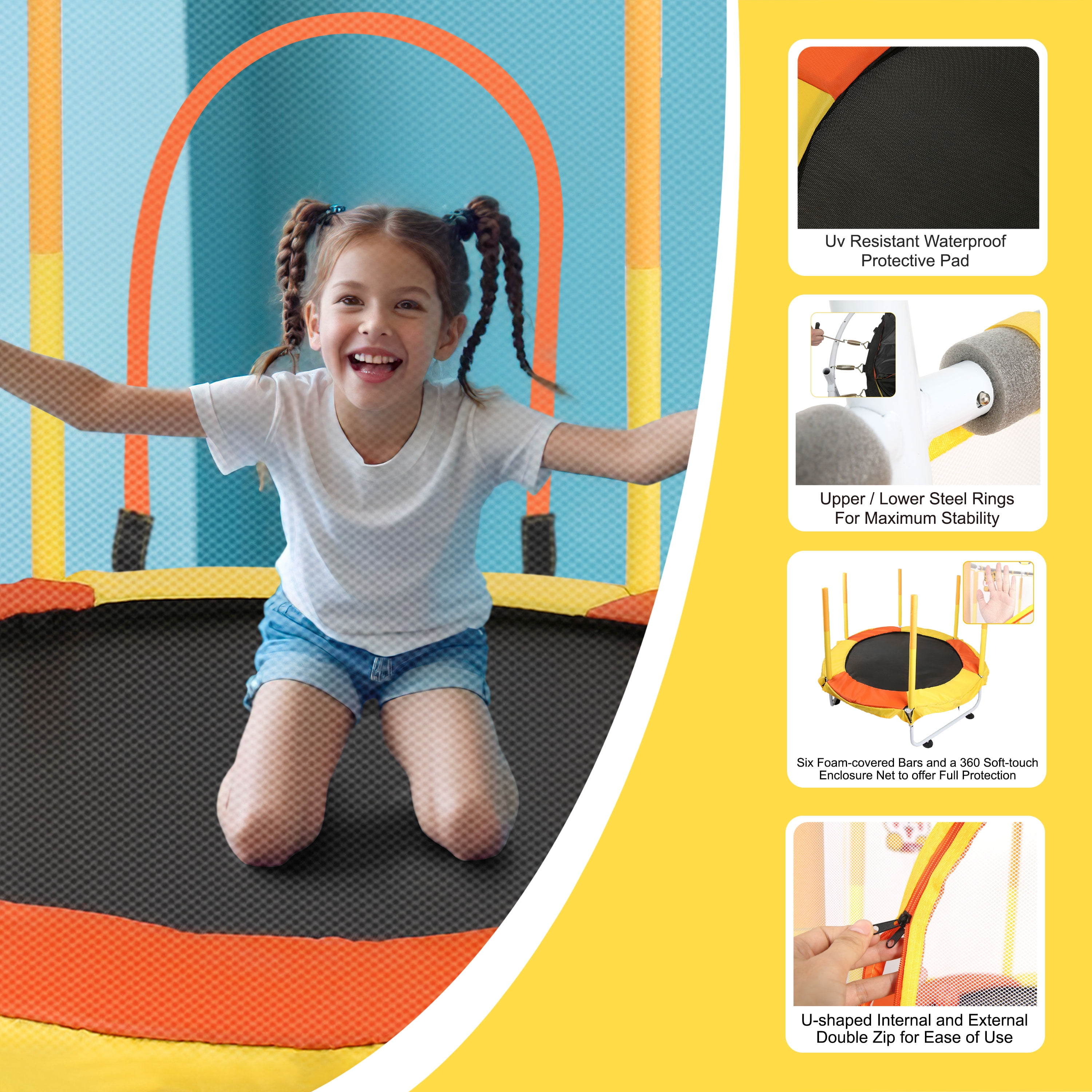 RAZXNAOR Trampoline Kids with Enclosure Indoor Outdoor 59" x 59" x 65"