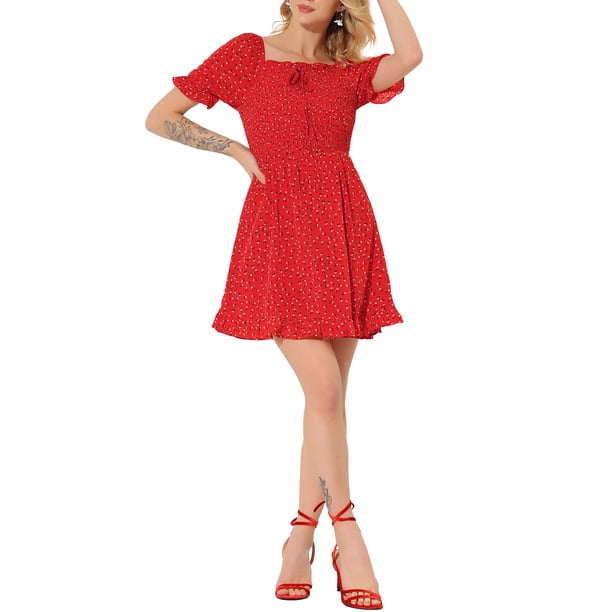 Vestido Floral con Mangas Abullonadas y Cuello Corazón con Fruncido en la Espalda, dobladillo con Volantes, M Rojo