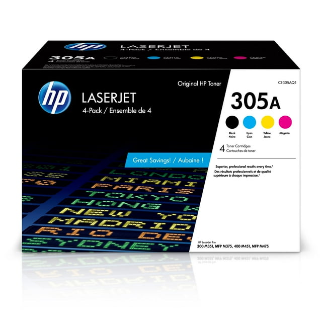 Cartuchos de tóner HP 305A negro, cian, magenta y amarillo (paquete de 4)