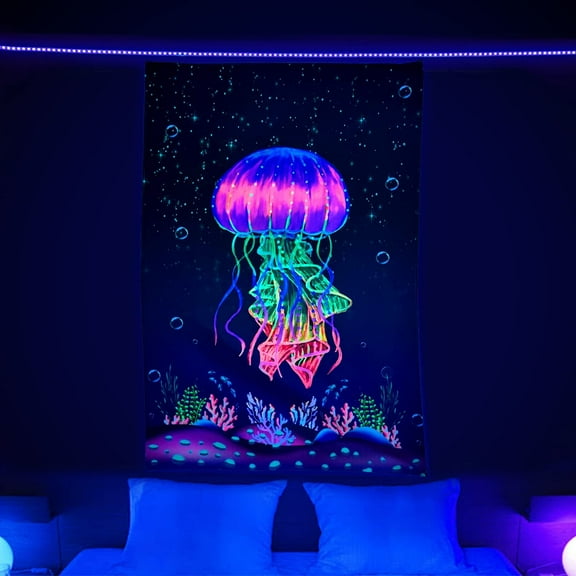 Trippy Blacklight Tapestry, Colorful Jellyfish Ocean Tapestry for Bedroom Aesthetic, UV Reactive Trippy Tapestries Wall Poster Blanket College Dorm Home Decor 40 x 60 inches
