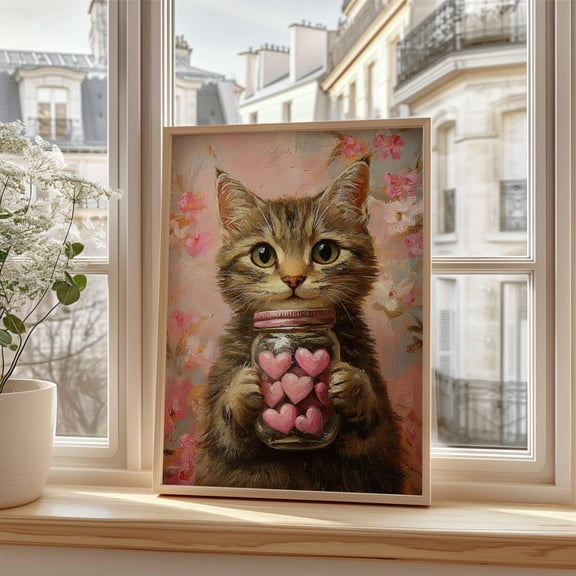 Valentine'S Day Tabby Cat Poster, Valentine Heart Decor, Romantic Wall Art,, Unframed Canvas Size 12x18