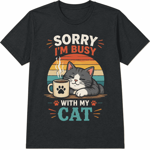 Funny Cat Lover Graphic T-Shirt, Sorry I'm Busy With My Cat Print Tee, Cute Coffee Cat Casual Short Sleeve Shirt for Women and Men