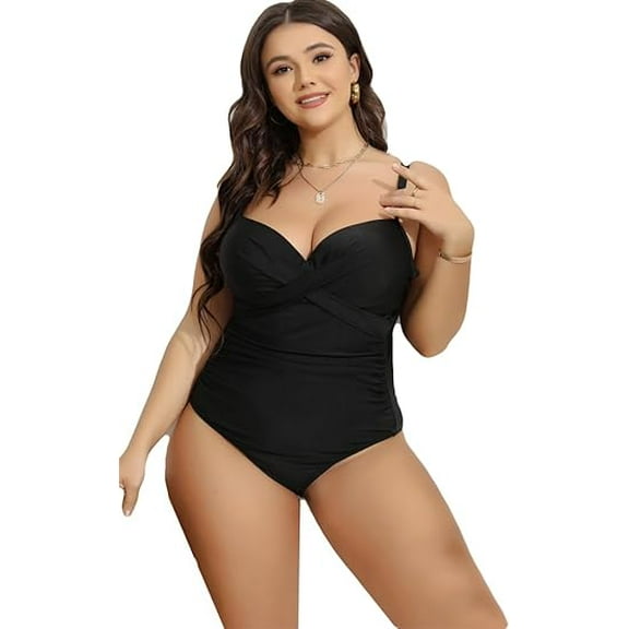 Women Plus Size One Piece Swimsuit Tummy Control Bathing Suit Ruched Push Up Swimwear Solid