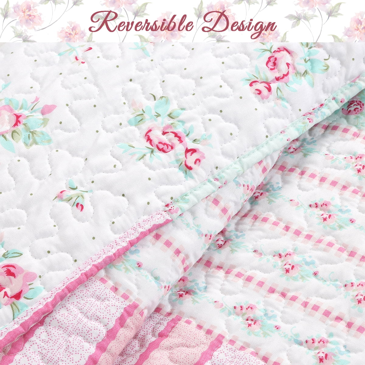 Cozy Line Pink Garden Floral Pink Blue Reversible 3-Piece Quilt Bedding Set, King Set