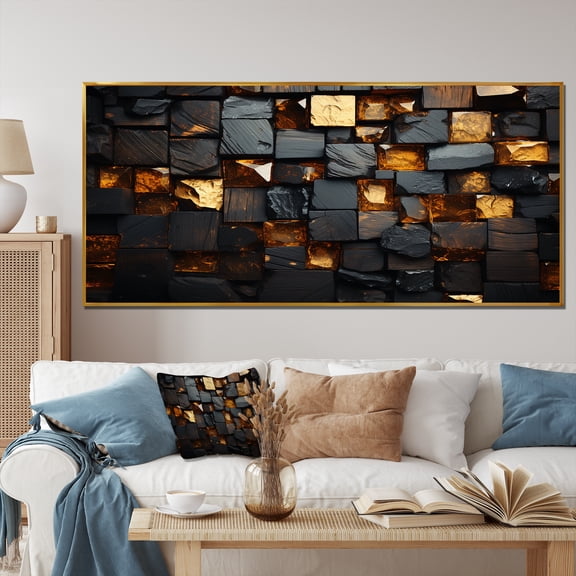 Designart "Abstract Geometric Grunge Gold Cubes III" Extra Large Abstract Framed Wall Art - Modern Gold Abstract Geometric Living Room Framed Canvas Art