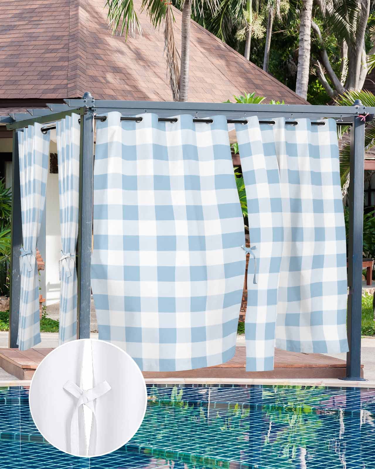 Outdoor Curtains for Patio, Buffalo Plaid Blue, Waterproof Blackout Outside Curtain for Porch/Pergola/Gazebo, Country French Simple White Lattice Thermal Insulated Drapes, 2 Panels, 54 x 95 Inch
