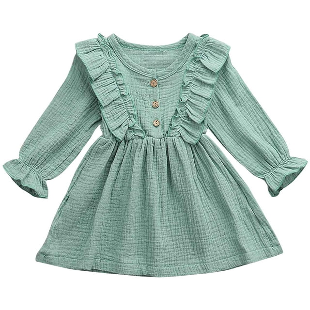 Zanarzt Robe de Noël pour Tout-Petite Fille, Robe de Fête en Lin Uni à Boutons et Volants pour Tout-Petits Enfants Bébé Fille, Vêtements Vert, 3-4 Ans