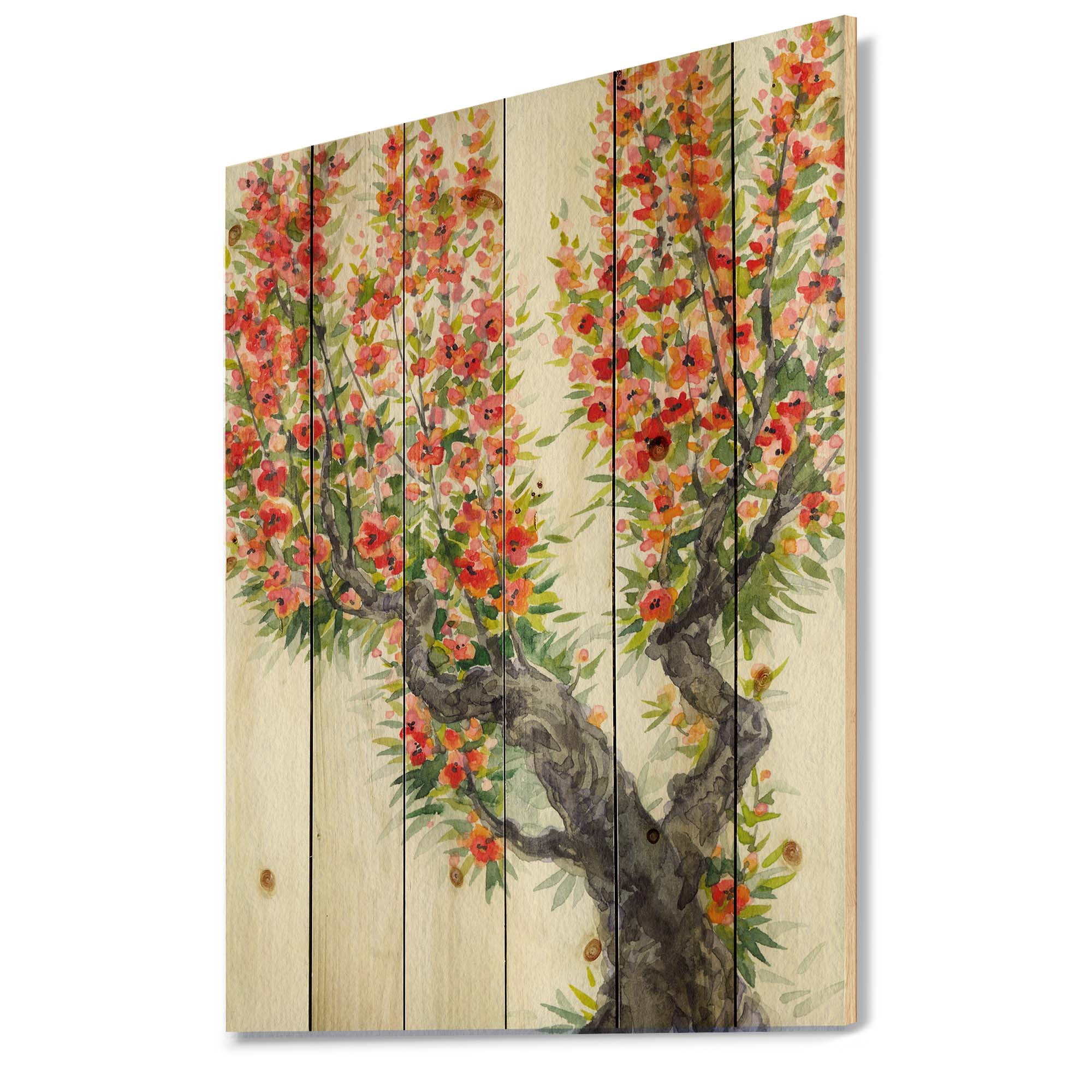 Designart 'Blooming Flowers Of An Old Tree In Spring II' Traditional Print on Natural Pine Wood