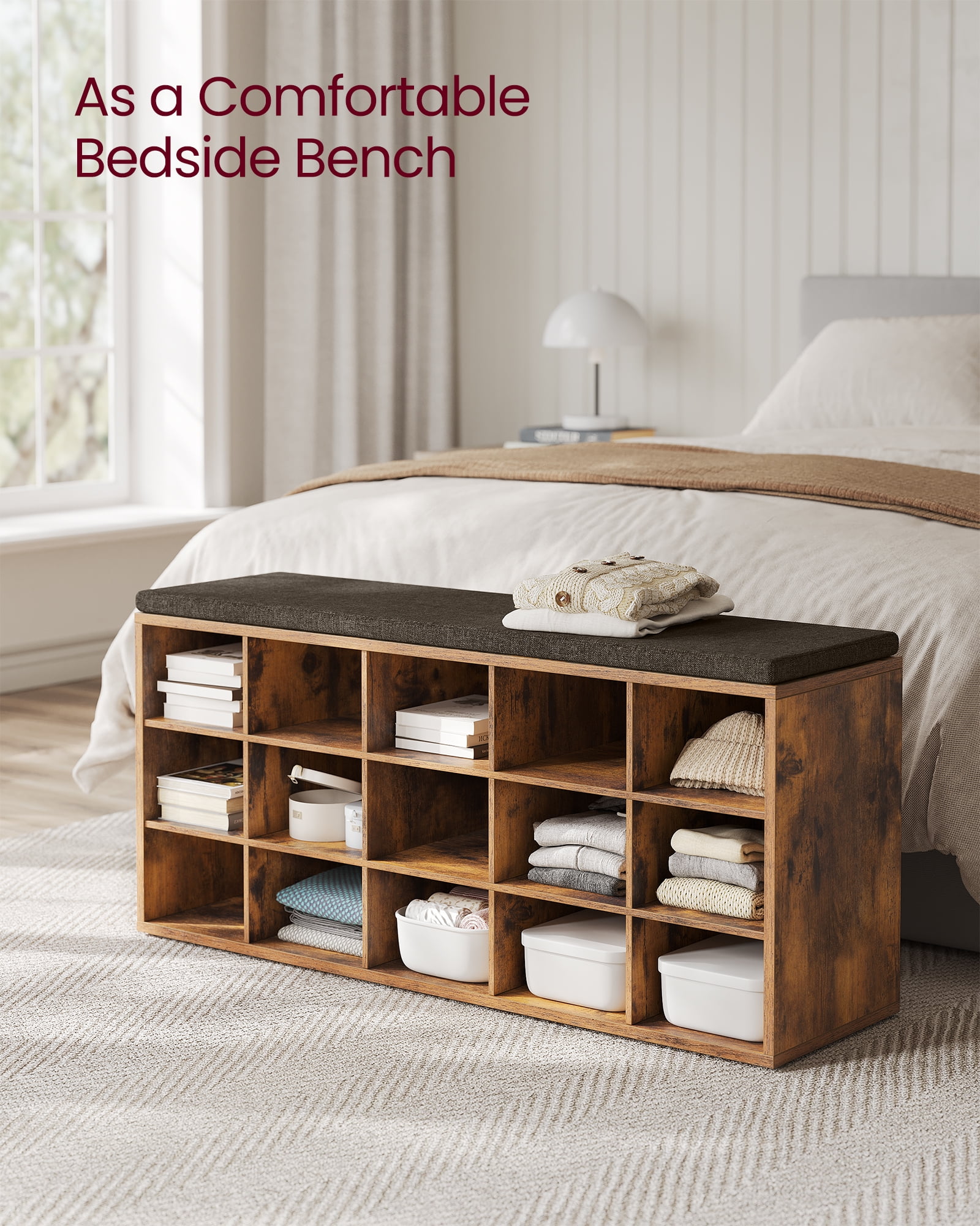 Shoe Rack Bench with Cushion 15 Compartments Storage Bench Shoe Bench for Entryway Rustic Brown