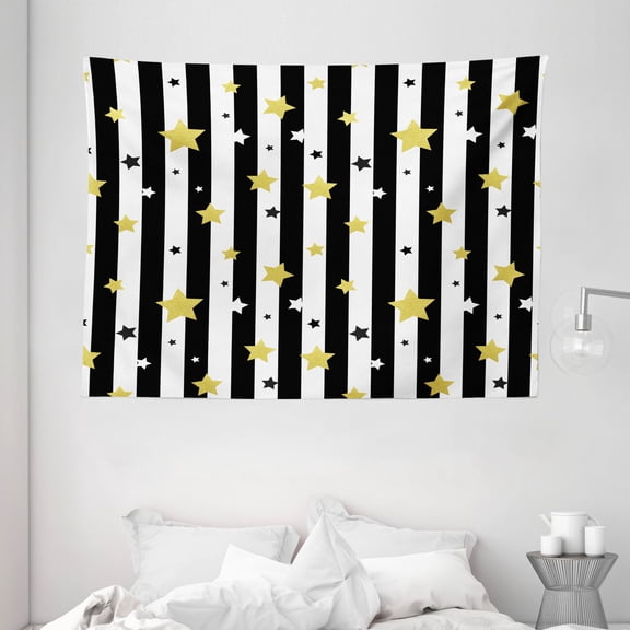 Gold and White Tapestry, Christmas Birthday Party Themed Stars on Stripes Lines Backdrop, Wall Hanging for Bedroom Living Room Dorm Decor, 80W X 60L Inches, Black White and Yellow, by Ambesonne
