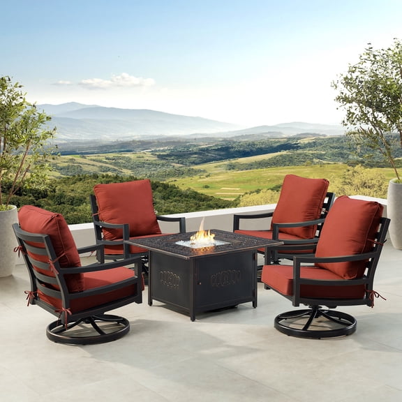 Black Aluminum Fire Table Set with Four Club Chairs