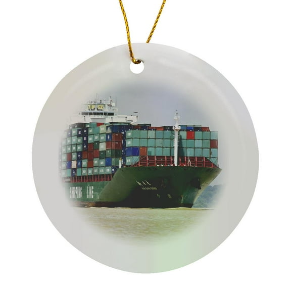 3drose, Large Cargo Ship, Circle Porcelain Ornament