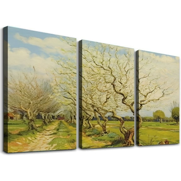 JRXY The White Orchard by Van Gogh Famous Reproduction Canvas Prints Wall Art Green Tree Picture for Bedroom Home Decorations Modern Stretched and Framed Landscapes 12''x16''X3 Panels 12x16x3pcs