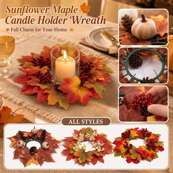 Fall Candle Ring Small Wreath Artificial Maple Leaves Pumpkin 10.2” for Thanksgiving Halloween Autumn Harvest Festival Farmhouse Table Decor Gift-A