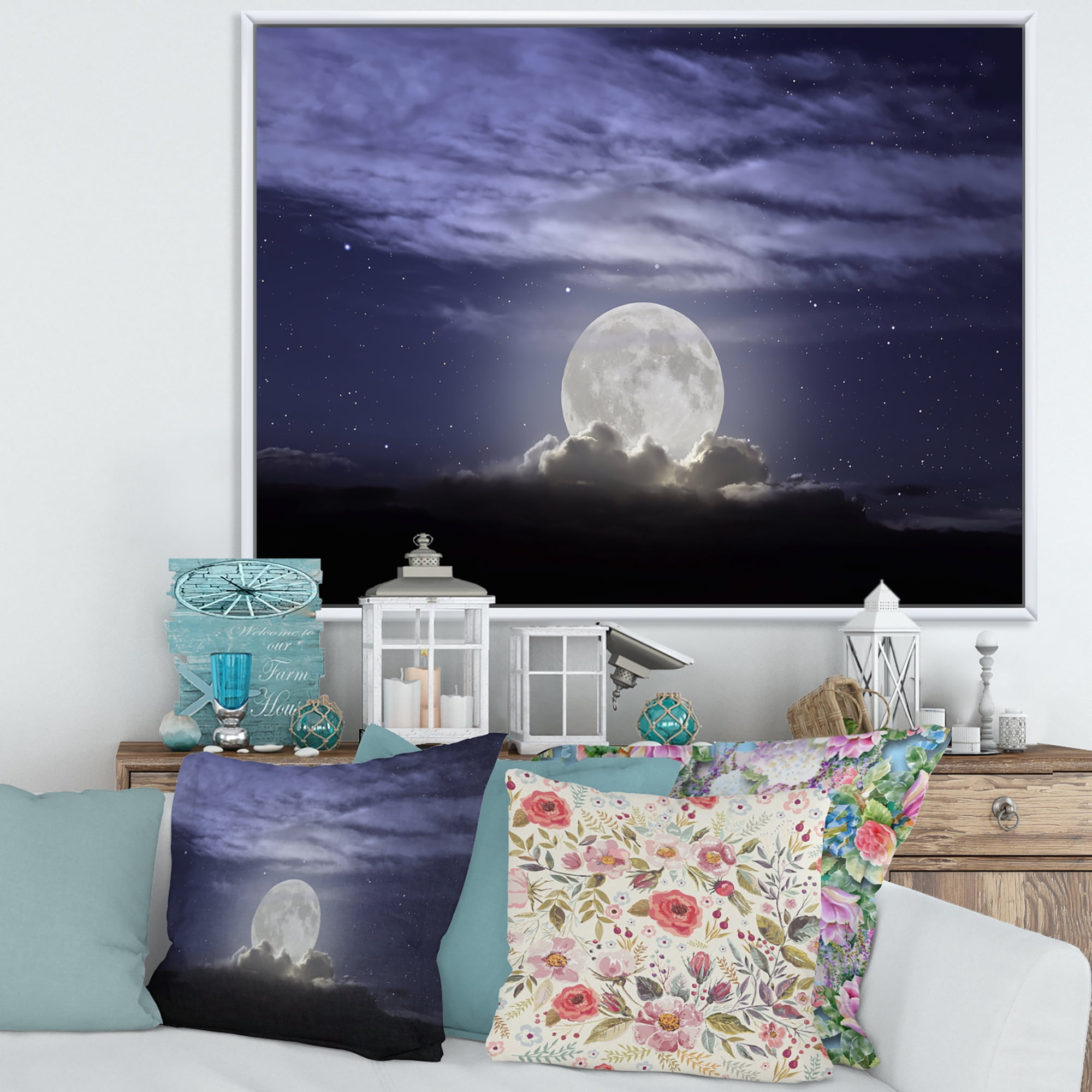 Designart 'Full Moon Rising In A Cloudy Night Sky' Nautical & Coastal Framed Canvas Wall Art Print