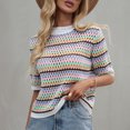 thumbnail image 4 of Women Hollow out Knitted Sweater Striped Contrast Color Half Sleeve, 4 of 8