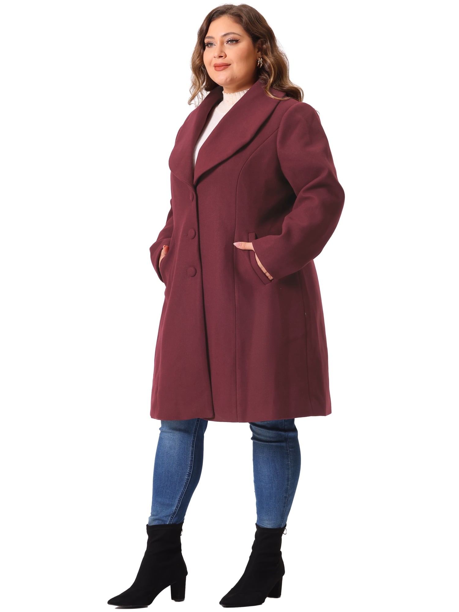 DARING DIVA Women's Plus Size Winter Outerwear Coat with Shawl Collar 3X Burgundy