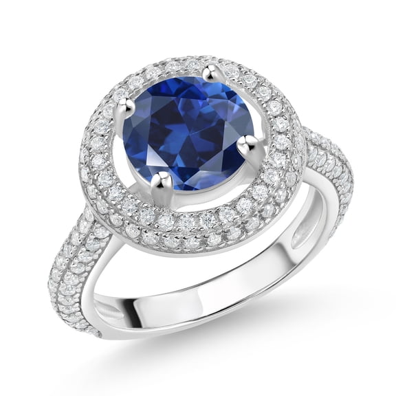 Gem Stone King 925 Sterling Silver Ring Round Blue Created Sapphire and Moissanite (3.17 Cttw, Size 6)