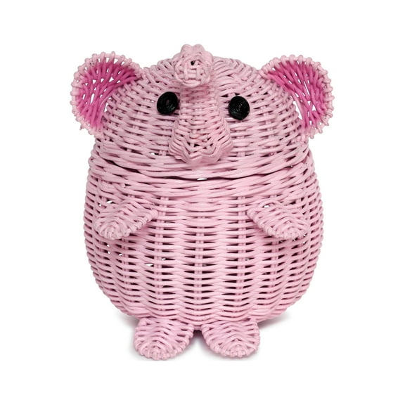 Pink Elephant Rattan Storage Basket With Lid Hand Woven Shelf Organizer Cute Handmade Gift Wicker