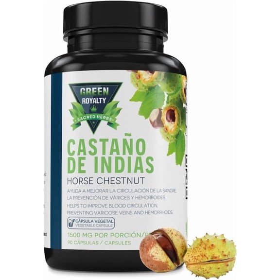 Green Royalty Castaño de Indias (Horse Chestnut) Supplement, 90 Vegetable Capsules – 1500 mg per Serving- Vegan, Non-GMO, Made in USA