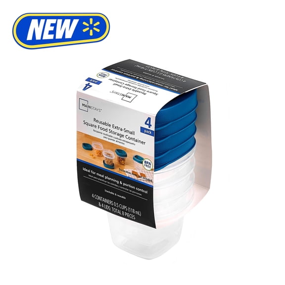 Mainstays Reusable Food Storage Container, Extra-Small Square, Plastic 4-Pack, 4 Containers with Lids, 0.5 Cup, Ideal for Snacks and Sauces
