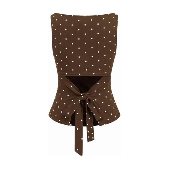 Women Y2k Polka Dots Boat Neck Tank Top Cute Sleeveless Slim Fitted Side Ruched Tie Back Vest Top Brown L