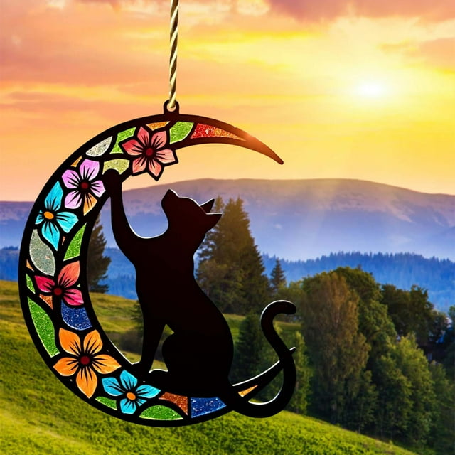 Stained Glass Window Hanging Pendant Featuring Kitten Design with Crescent Moon and Floral Motif