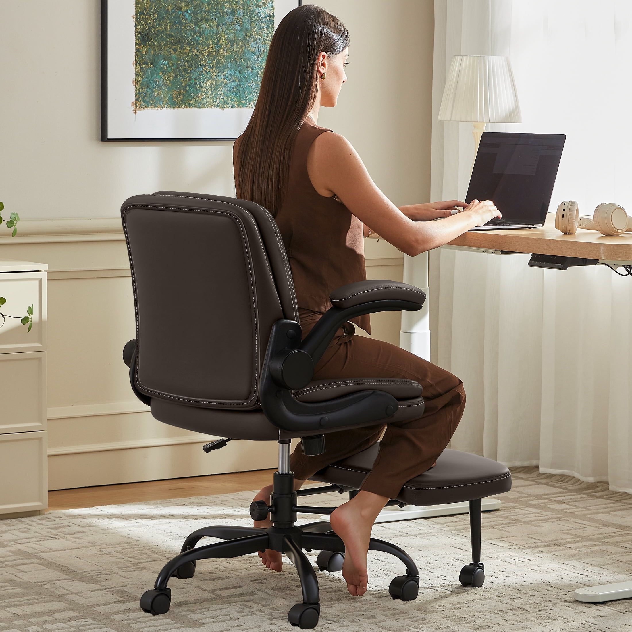 Dhole High Back Ergonomic Office Chair - Adjustable Swivel Chair with Lumbar Support, Flip-Up Arms, Retractable Footrest & Brown Diamond PU Leather for Home Office Desk-Brown