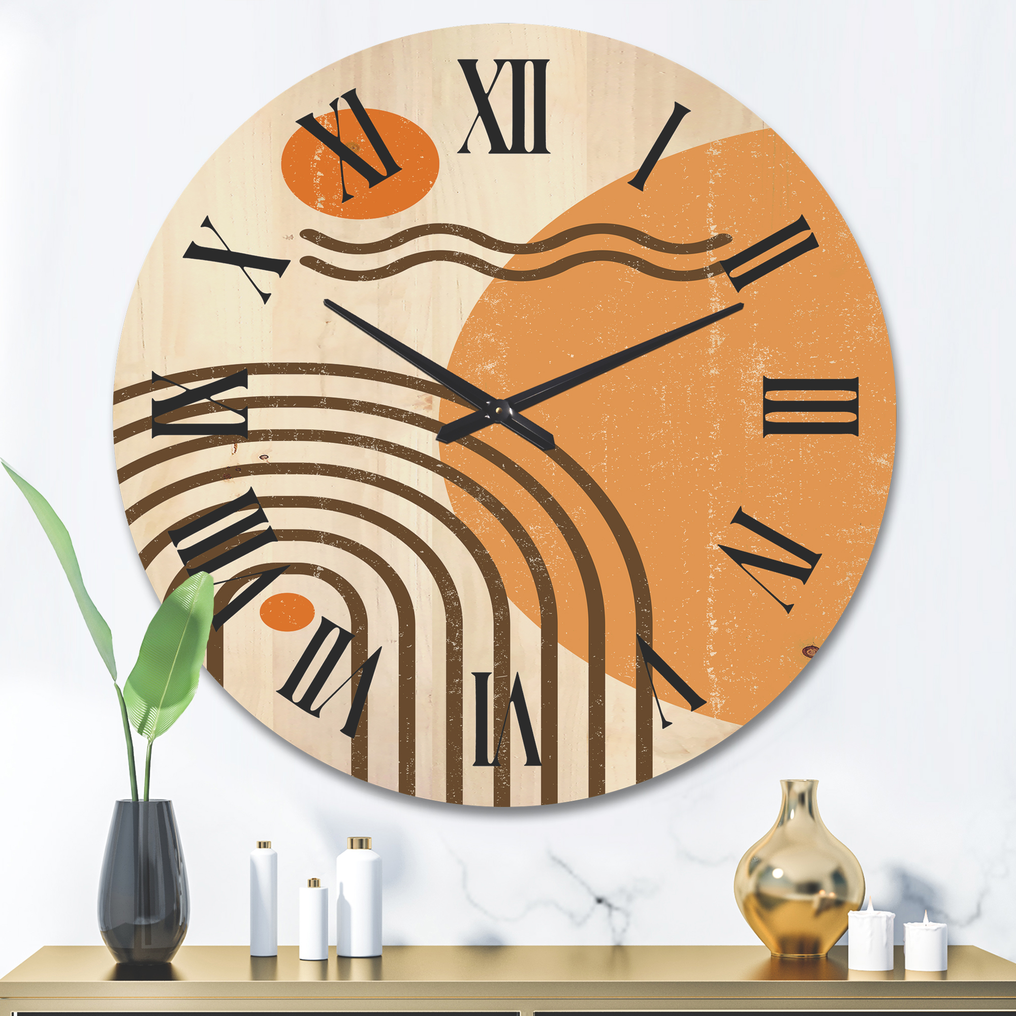 Designart 'Abstract Rainbow Moon and Sun In Earth Tones II' Modern Wood Wall Clock