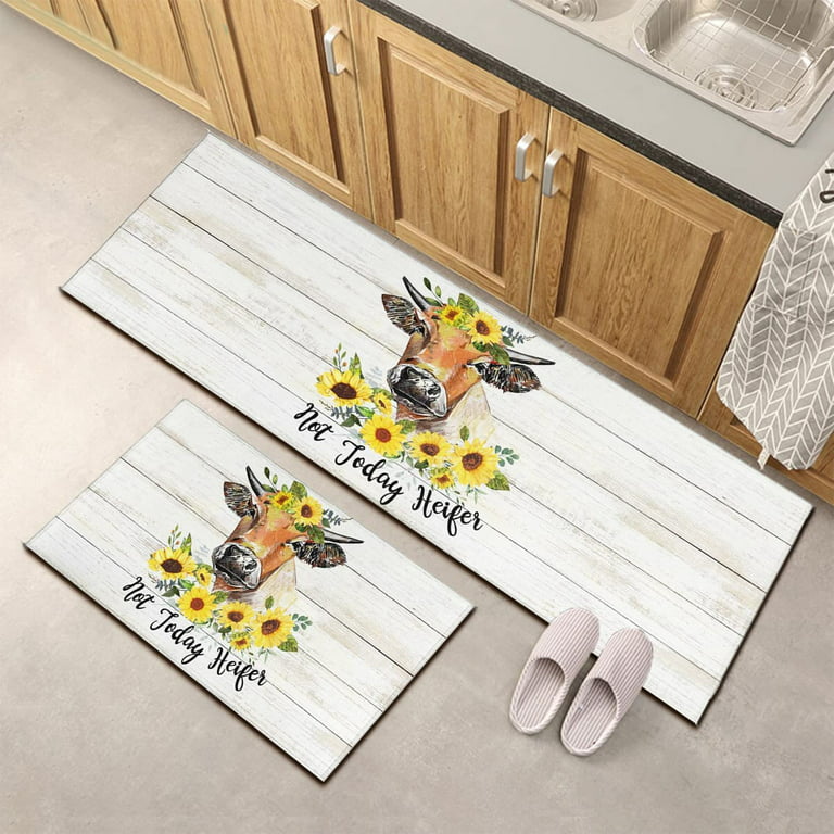 Kitchen Mat Set of 2 Farmhouse Anti Fatigue Floor Mat,Rooster Buffalo Plaid  Sunflowers Kitchen Rug Sets PVC Leather Waterproof & Non-Slip Comfort  Standing Mats …