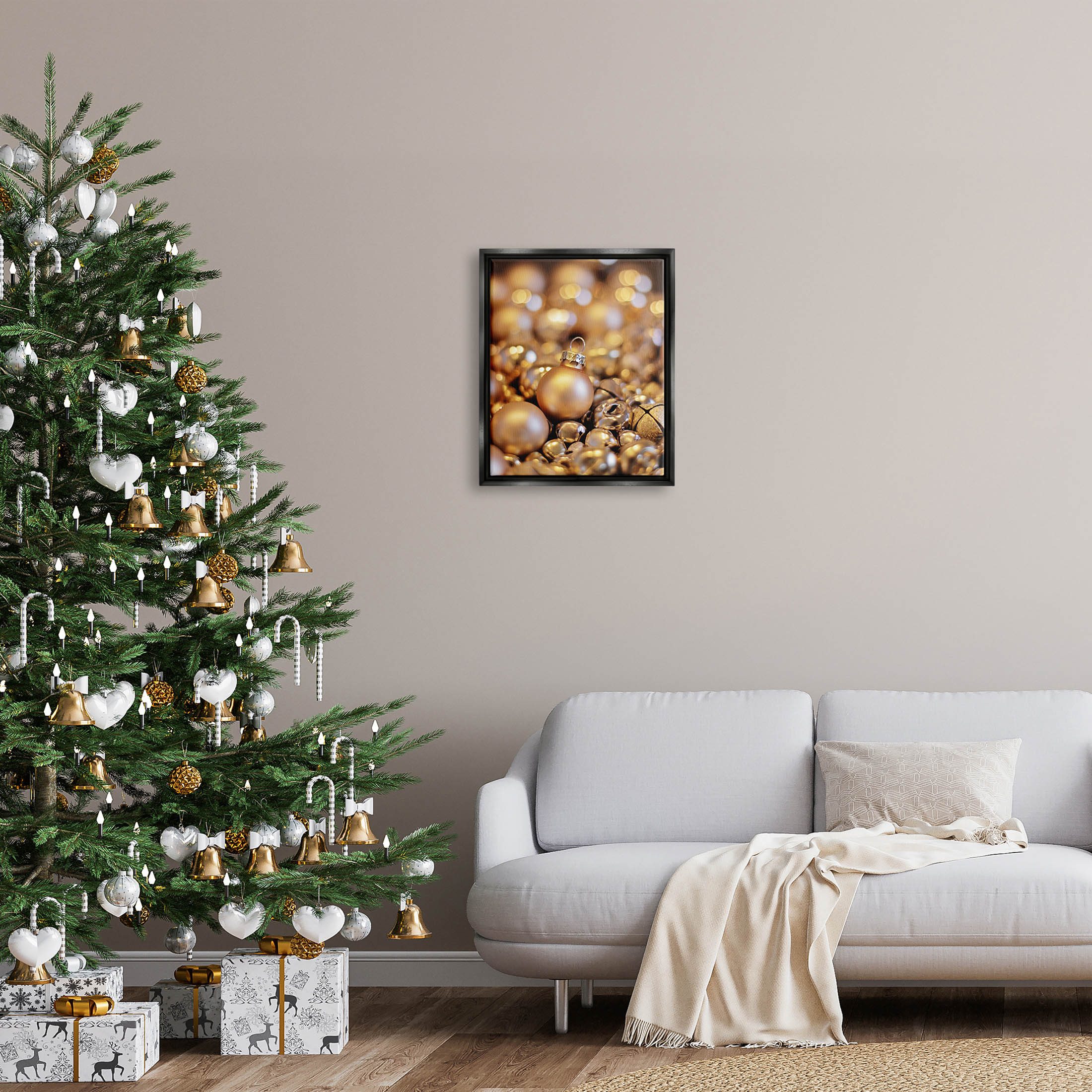 Gleaming Christmas Ornaments Bells Holiday Photograph Jet Black Framed Art Print Wall Art