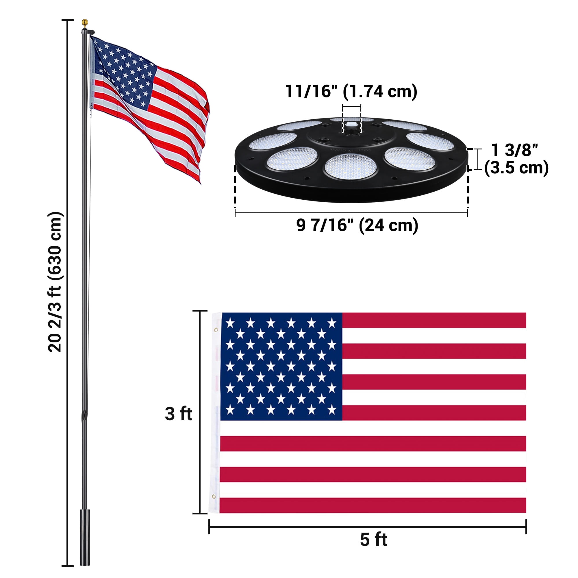 Yescom Bravery 20ft LED Solar Light Sectional Flag Pole Kit Aluminum Outside Inground with 3'x5' USA Flag Ball Top Black