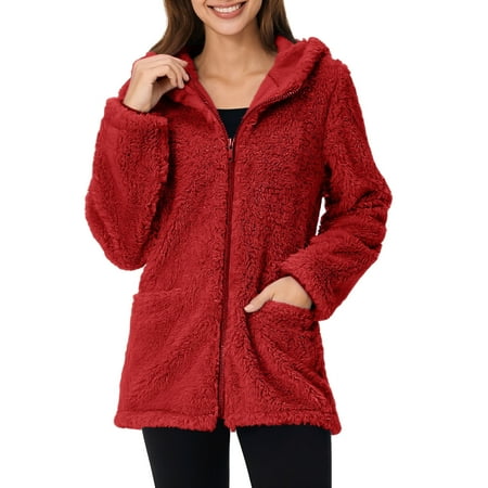 Hinvhai Womens Fleece Zip Up Jacket with Pockets Oversized Long Sherpa Hoodie Fuzzy Jackets Warm Teddy Coat Red M(M)