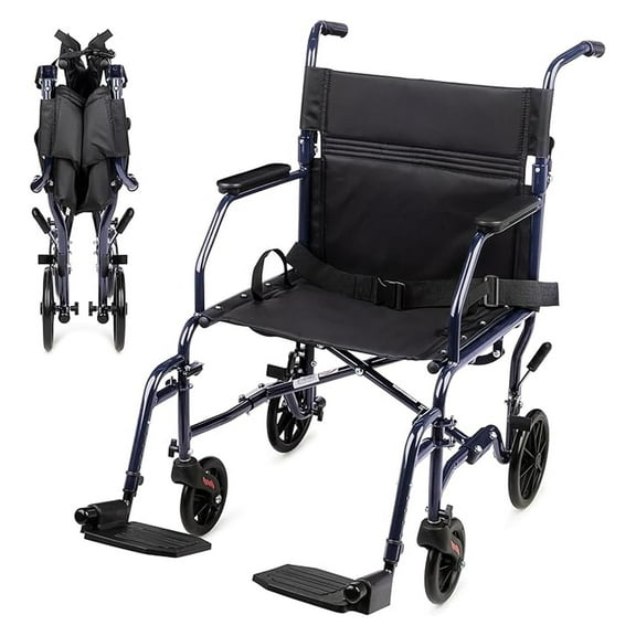 Transport Wheelchair - Lightweight Folding Wheelchair with Foot Rests - Foldable for Storage and Travel, 19 Inch Seat