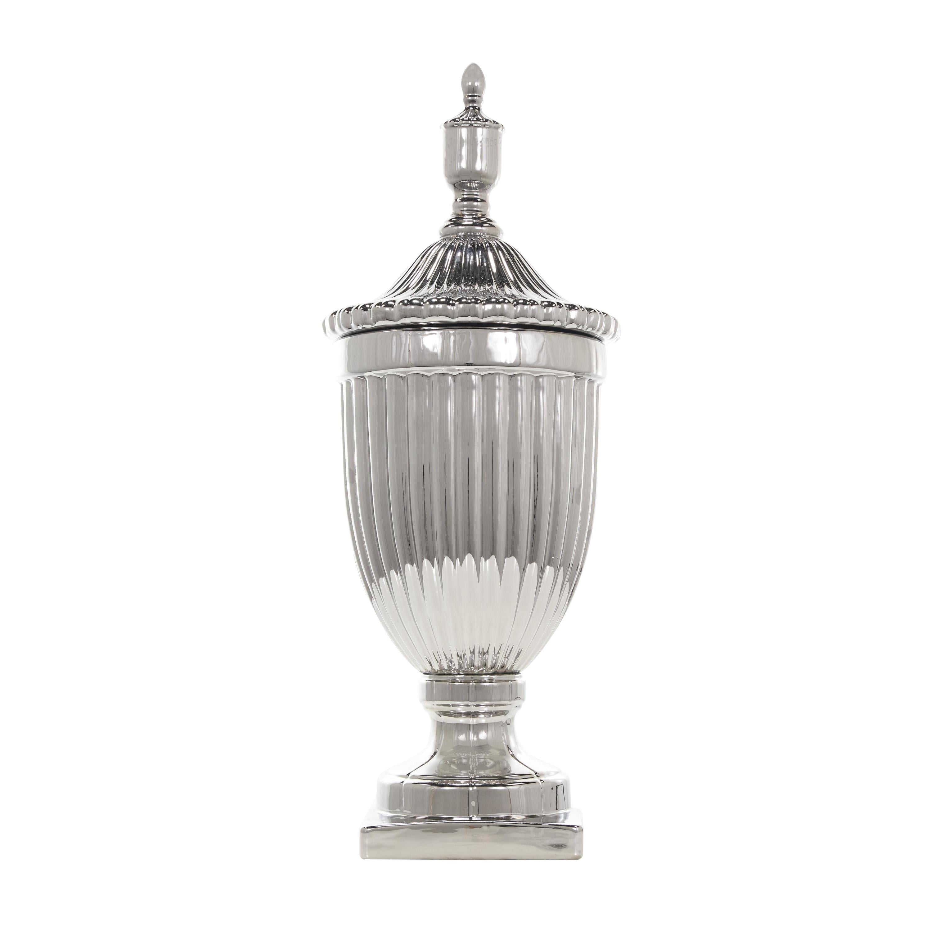 DecMode 12" x 32" Silver Ceramic Tall Decorative Jars with Grooves, 1-Piece