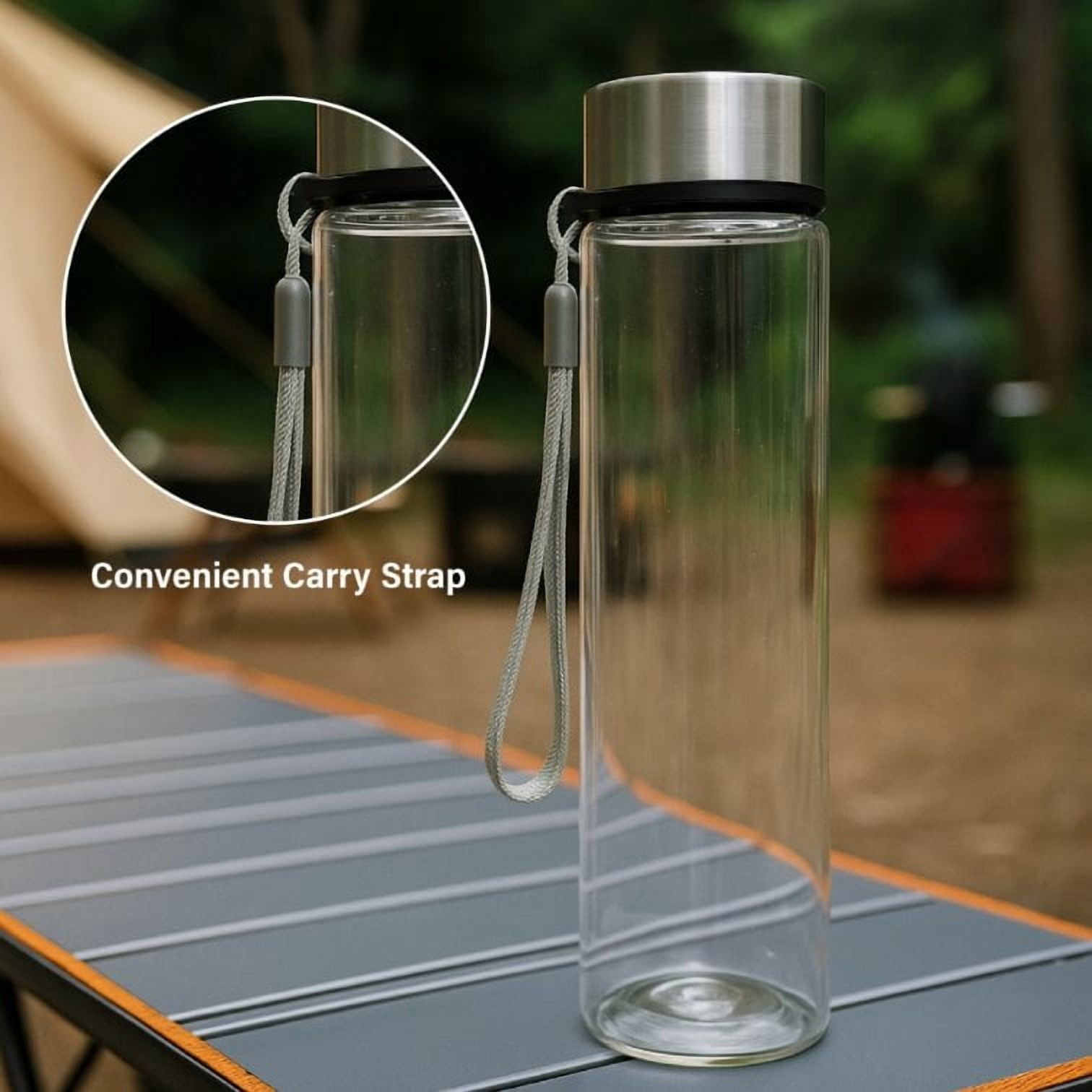 Mainstays 18 oz Plastic Clear Water Bottle Stainless Steel Screw Cap Lid with Strap, 1 Each