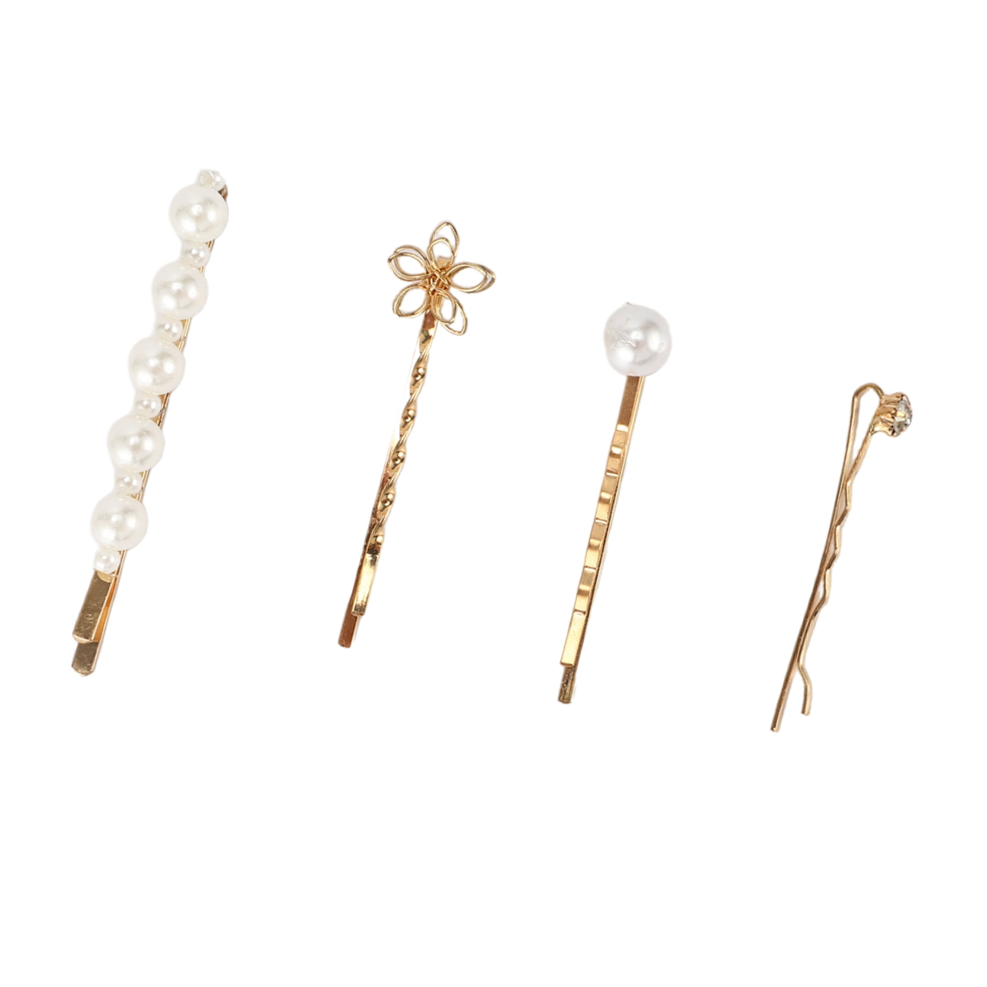 Unique Bargains 4Pcs Simple One-word Faux Pearl Hair Clips Hairdo Clip Gold Tone White