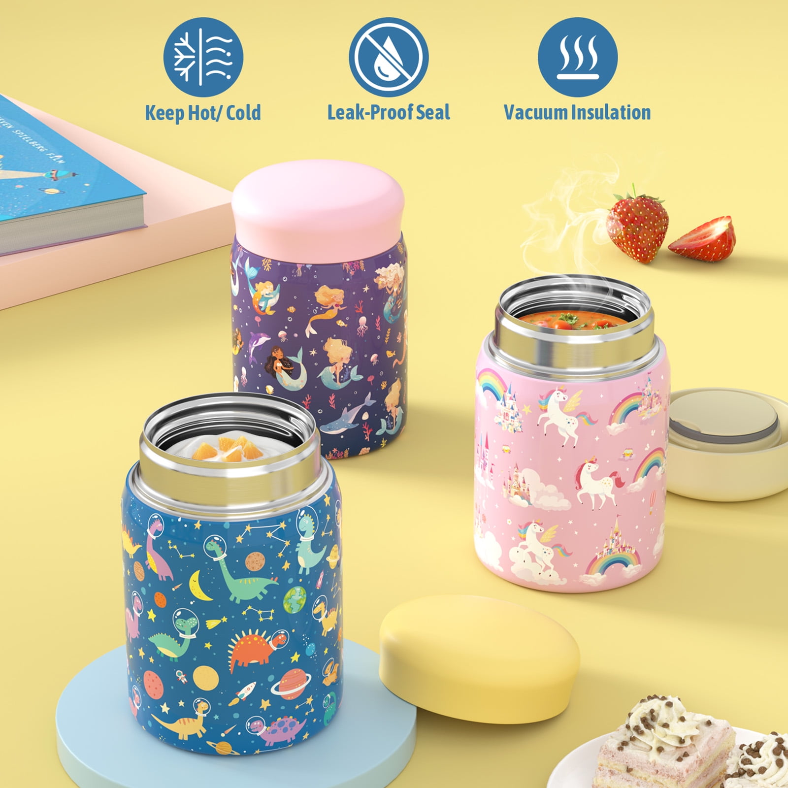 TeSabMi Bento Lunch Box for Kids Insulated Bento Box with Leak Proof Thermos Food Jar Blue Dinosaur