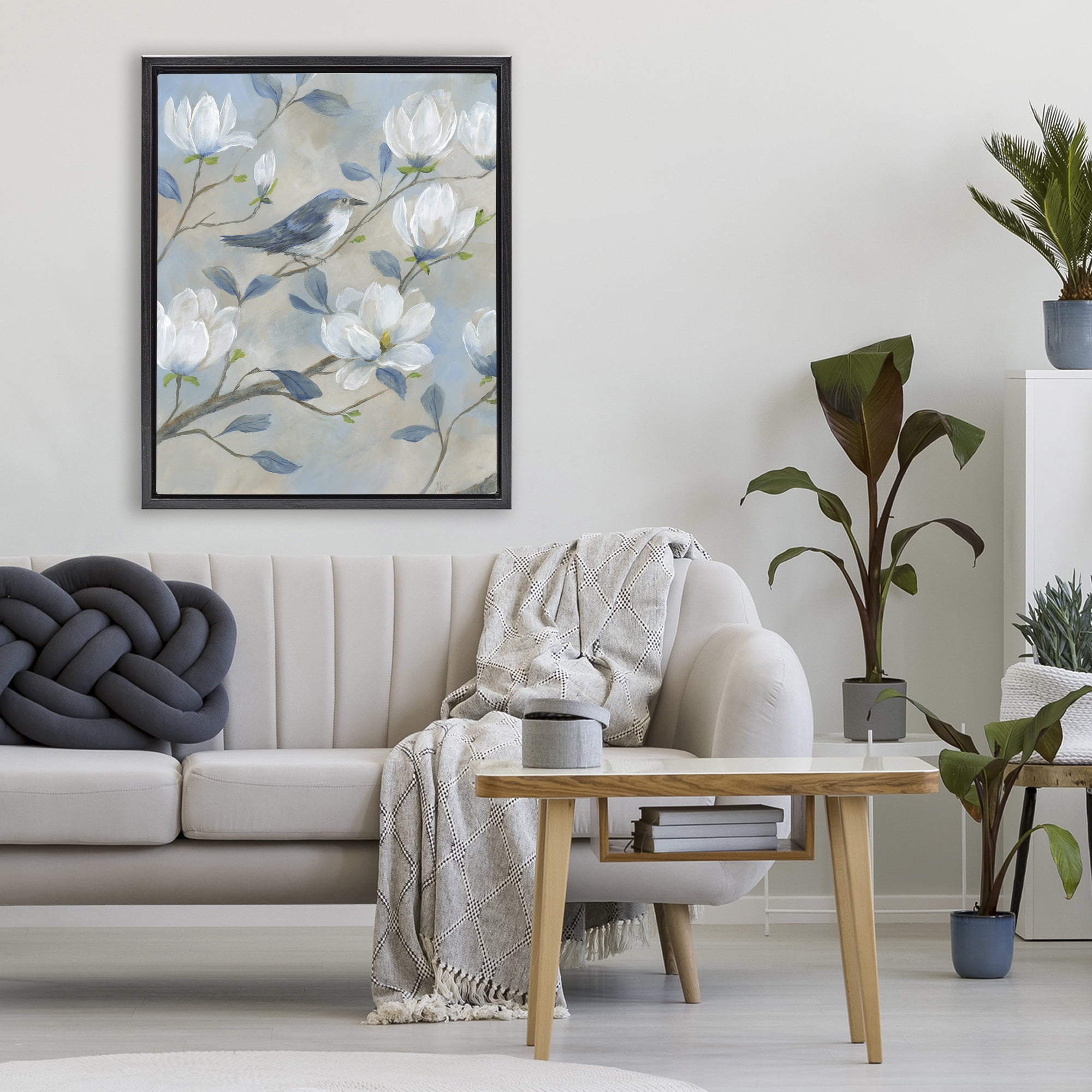 Stupell Industries Blue Bird & Magnolia Black Framed Floater Canvas Wall Art, design by Nan
