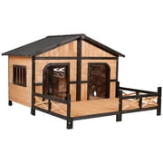 PawHut Wooden Large Dog House, Pet Room Dog Kennel Raised Pet Home Bed Furniture Shelter Perfect for Outdoor & Indoor Use, Includes Deck Porch, Bottom Slide-Out Tray, 59" L, Natural Wood Color
