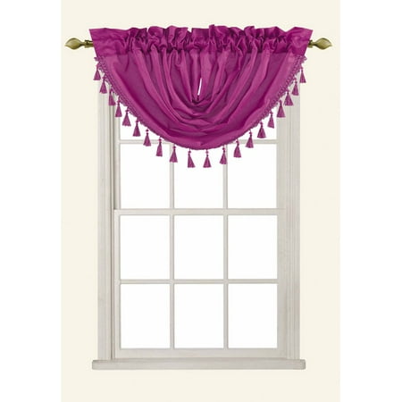 Radiant Rod Pocket - Sabah Faux Silk Rod Pocket Waterfall Valance With Beaded Tassels, Radiant Orchid, 50x37