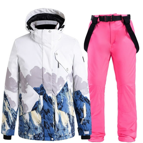Women's Winter Windproof Thickened Printed Hooded Ski Suit Set Long Sleeve Hooded Set