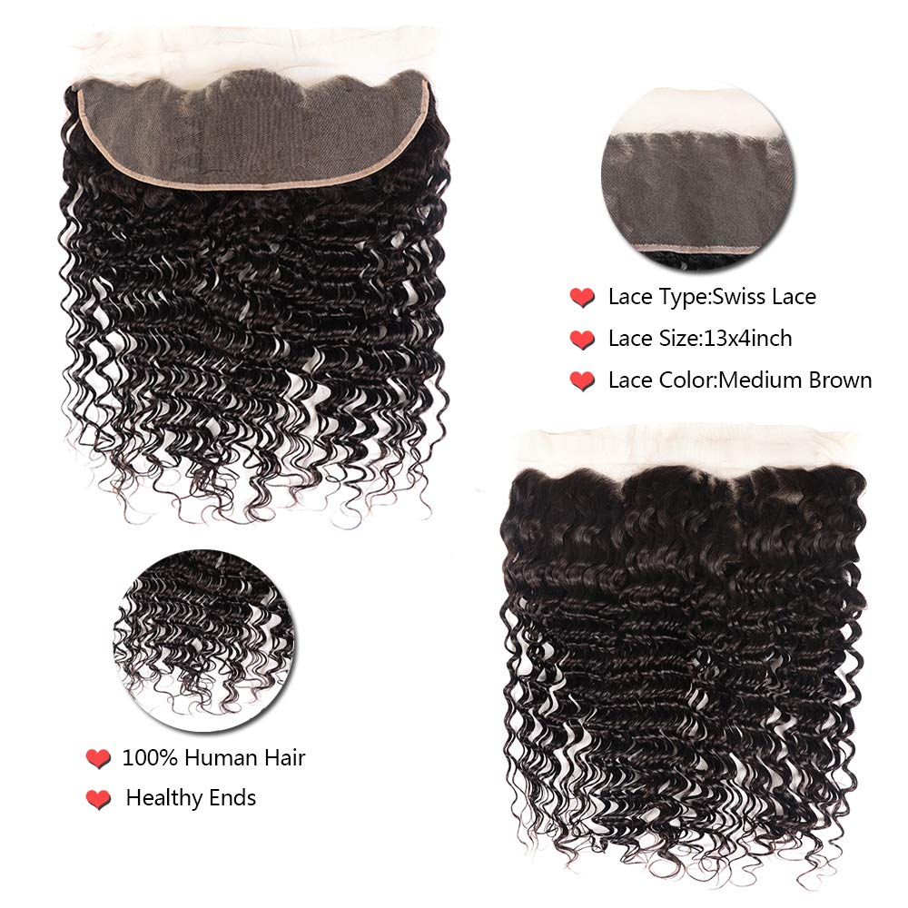 Brazilian Deep Wave Human Hair Bundles with Frontal Free Part 13x4 Ear To Ear with Baby Hair 100% Unprocessed Virgin Brazilian Human Hair( 16"18"20"with 14" Frontal)